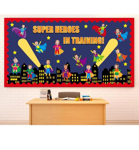 Super Hero Bulletin Board Ideas, Hero Bulletin Board, Superhero Bulletin Boards, Bulletin Board Decoration, Word Cutouts, Hero Symbol, Daycare Themes, Superhero Decorations, Photo Wall Display