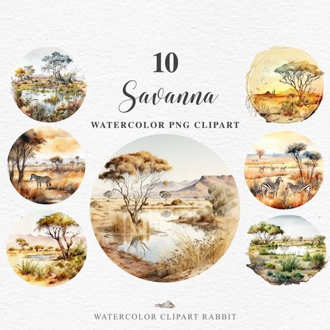 Whimsical Wilderness: Jungle Clipart Animals Stickers Galore Savanna Landscape, Safari Landscape, African Nature, Jungle Clipart, Nature Clipart, African Savannah, Jungle Nursery, Nature Tree, Digital Watercolor