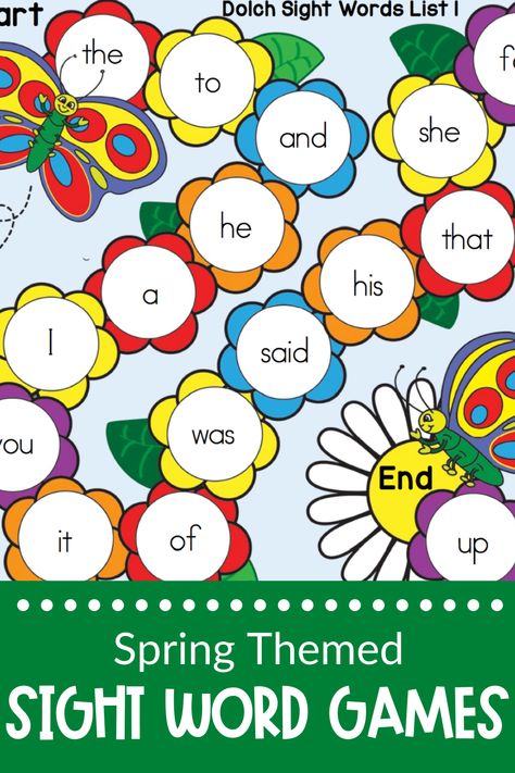 These sight word game boards are perfect for your spring themed literacy centers. Students just love learning sight words with these interactive sight word games and activities. 4th Grade Sight Words, Sight Word Stories, Sight Words Kindergarten Activities, Dolch Sight Word List, Kindergarten Word Families, First Grade Words, Pre Primer Sight Words, Preschool Sight Words, Writing Sight Words