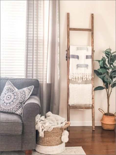 Blanket Ladder In Living Room, Throw Blanket Ladder Display, Blanket Ladder Boho Living Room, Decorating With A Ladder On The Wall, Blanket Ladder With Shelves, Antique Blanket Ladder, Bedroom Blanket Ladder, Round Rung Blanket Ladder, Nursery Blanket Ladder