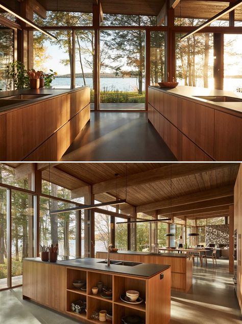 Wood Cabin Kitchen, Cooking Island Kitchen, Wood Kitchen Modern, Kitchens With Two Islands, Cabin Modern, Double Islands, Kitchen Island Design, Hus Inspiration, Island Design