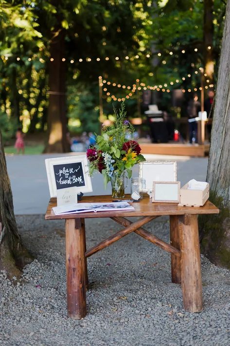 Wedding Welcome Table Decor, Welcome Table Decor, Wedding Welcome Table, Outdoor Dance Floors, Smith Wedding, Wedding Venues Oregon, Outside Catering, Welcome Table, Rustic Western Decor