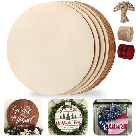 Hanger Door, Christmas Craft Projects, Wood Disc, Wood Circles, Wooden Cutouts, Plaid Ribbon, Craft Night, Burlap Ribbon, Craft Design