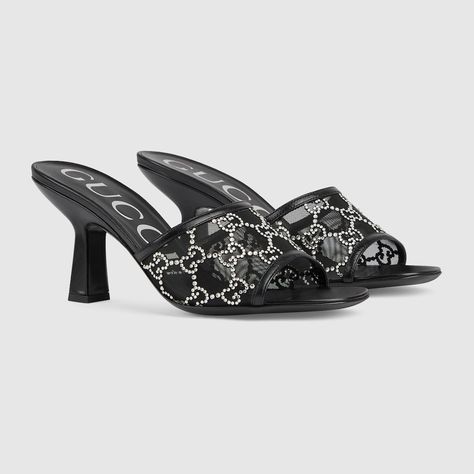 Shop the Women's GG mid-heel slide sandal in black at GUCCI.COM. Enjoy Free Shipping and Complimentary Gift Wrapping. Heel Sandals For Women, Kd Shoes, Designer Slides, Gucci Sandals, Gucci Heels, Slides For Women, Designer Sandals, Gucci Black, Dream Shoes