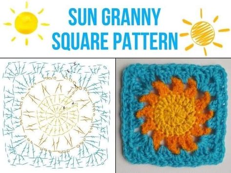 Sun Granny Square Pattern, Knitting Diy Easy, Sun Granny Square, Learn Crochet Beginner, Crochet Square Blanket, Crochet Granny Square Afghan, Crochet Tote Bag, Crochet Square Patterns, Granny Squares Pattern