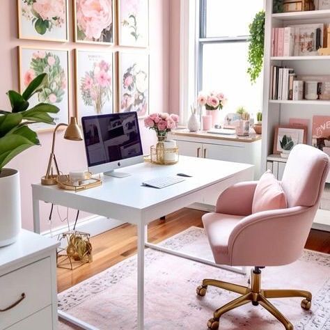 IN THE OFFICE 🖥️���💕 The new Femme & Luxe office is inspired by feminine florals, romantic pink hues and smooth velvets. Plenty of natural light is a must, and we are so lucky to have a window either side of our work space with countryside views… bliss! 🌳 🐑 We are SO EXCITED to get to work on all your lovely brands, and we have some really exciting projects coming up so watch this space! 💕🌸 🖥️ #ukpr #ukbrand #brandpr #femaleowned #femalefounded #femaleentrepreneur #femalesinbusiness #boss... Blush Pink Office, Plush Office Chair, Luxe Office, Workspace Setup, Pink Office Chair, Pink Office, Flowers In A Vase, Uk Brands, Creative Storage