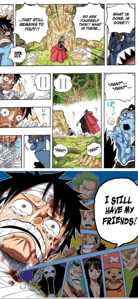 "I still have my friends!" One Piece Manga Colored Panels, Colored Manga Panels Wallpaper, Manga Panel Tattoo Sleeve, One Piece Manga Panels Colored, Luffy Doodle, One Piece Episode 1, Manga Panel Wallpaper, Panel Wallpaper, Comic Book Template