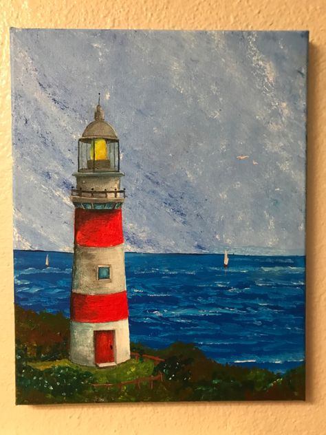 Lighthouse Painting Ideas, Light House Painting Acrylic Easy, Lighthouse Canvas Painting, Lighthouse Acrylic Painting, Light House Painting Acrylic, Lighthouse Painting Easy, Ocean Waves Painting, Scene Painting, Lighthouse Painting