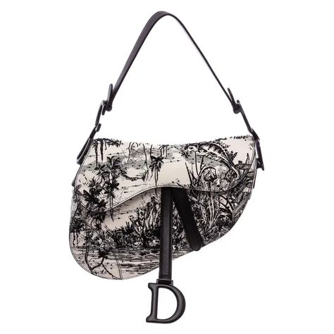 For Sale on 1stdibs - Black and White embroidered Christian Dior Medium Saddle bag with black coated hardware, black leather trim, single flat shoulder strap with monogram adornments Tas Lv, Luxury Bags Collection, Dior Saddle, Hippie Look, Girly Bags, Embroidered Leather, Dior Fashion, Fancy Bags, Luxury Purses