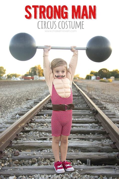 35 Easy DIY Group Halloween Costumes for Kids & Adults | Make It and Love It Strong Man Circus, Strong Man Costume, Piggyback Costume, Circus Themed Costumes, Lion Tamer Costume, Halloween Costume Awards, Diy Costumes Men, Diy Group Halloween Costumes, A Strong Man