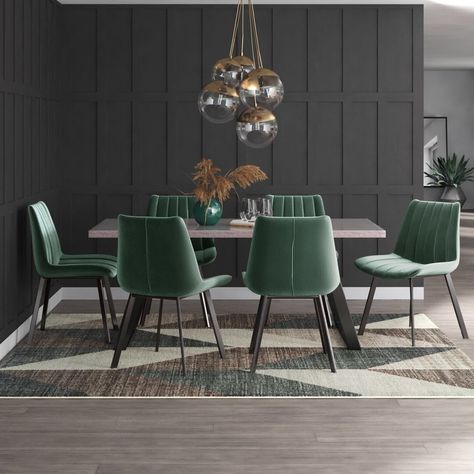 Striking silhouettes, bold colours, and ribbed upholstery give this dining set its eye-catching modern appeal. The set includes a dining table and six chairs as comfortable as they are stylish, and ideal for gathering around with friends and family to enjoy meals, drinks, and laughter. It is available in a range of colours to suit your existing décor. Colour (Chair): Green Modern Living Room Colors, Dining Sconces, Серая Кухня, Green Dining Room, Home Quotes, Grey Dining Tables, Dining Room Design Modern, Quotes Home, Grey Dining Room