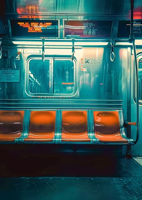 New York City subway seats with a digital sign above them, graphic art style, high contrast, hyper realistic, cinematic lighting Train Interior Drawing, 90s New York Aesthetic, New York Subway Aesthetic, Subway Background, Subway Reference, Train Composition, Subway Seats, Subway Interior, Subway Drawing