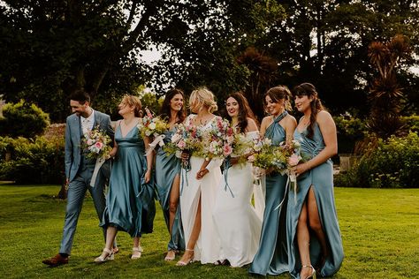 Mixed gender wedding party with bridesmaids and bridesmain in blue wedding outfits Mixed Bridal Party Gender, Blue Bridal Party Attire, Mixed Bridal Party, Mixed Gender Bridal Party, Mixed Gender Wedding Party, Bridal Party Blue, Pastel Wedding Decor, Wedding Decor Spring, Whimsical Summer Wedding