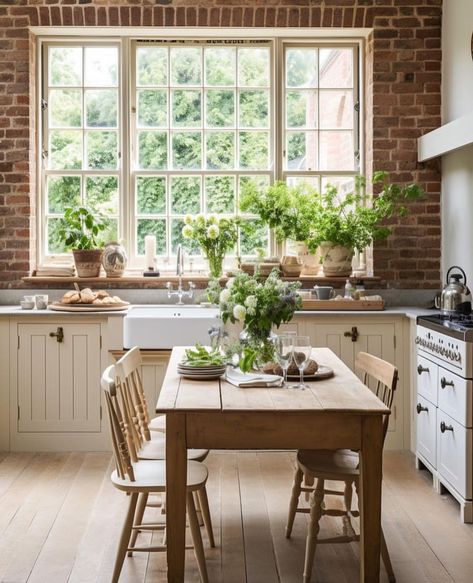 Country House Windows, Cream Cottage Kitchen, Panelled Cupboards, Panelled Kitchen, Cream Country Kitchen, Cottage Core Kitchen Ideas, White Country Kitchen, Kitchen Table Rustic, Cream Aga