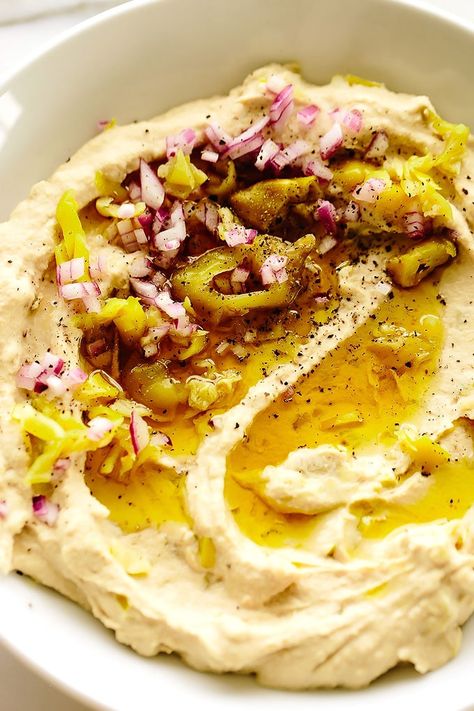 Pepperoncini Hummus Crusty French Bread, Spicy Hummus, Hummus Recipe Homemade, Pepperocini Recipes, Lost 100 Pounds, French Bread, I Quit, Mediterranean Recipes, Appetizers For Party