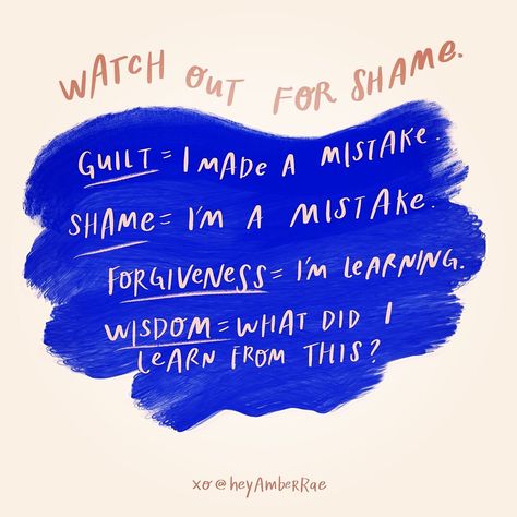 I love this post by @heyamberrae - The difference between guilt and shame is an important one. Guilt says “I did something bad” whereas Shame says “I’m bad.” Guilt says “I made a mistake” whereas Shame says “I’m a mistake.”   When we do something that doesn’t line up with what we value, guilt helps us course-correct. Shame has us interpret it as *personal.* It must mean something is wrong with *us.*   XOXO, Sarina Papa 💖 Reset. Revive. Refocus. Resolve. Follow @sarina_says Shame Quotes, I Did Something Bad, Amber Rae, Guilt And Shame, Mistake Quotes, Everyday Habits, Emotional Awareness, Something Bad, Mental Wellbeing