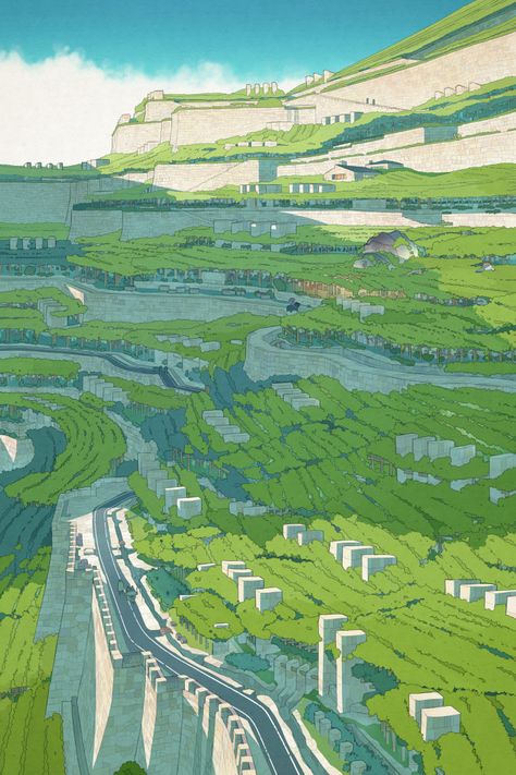 Fantasy City, Fantasy Places, Wow Art, Fantasy Art Landscapes, Green Landscape, Landscape Illustration, Arte Fantasy, Hayao Miyazaki, Environment Design