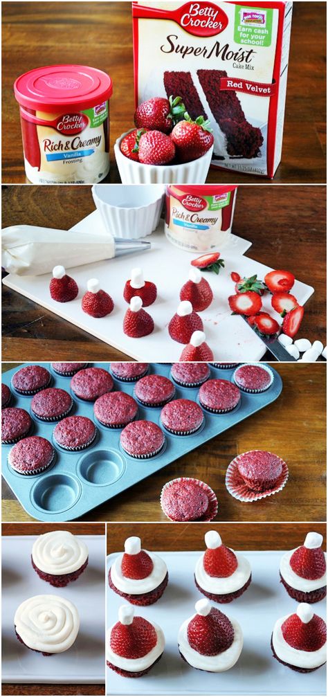 Mini "Santa Hat" Red Velvet Cupcakes #bettycrocker Cake Mix Better, Mini Red Velvet Cupcakes, Strawberry Santa Hats, Strawberry Santa, Mini Santa Hat, Hat Cupcakes, Betty Crocker Cake Mix, Cupcakes Christmas, Betty Crocker Cake