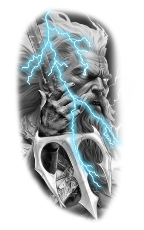 Zeus Tattoo Stencil, Poseidon Tattoo Design, Tattoo Greek Mythology, Zeus Tattoo Design, Greek God Tattoo, Persian Tattoo, Poseidon Tattoo, Zeus Tattoo, Realistic Tattoo Sleeve