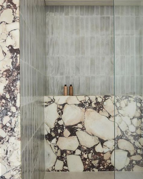 Zellige Tile And Marble Bathroom, Tiles Of Ezra, Sunset Drive, Marble Showers, Gorgeous Tile, Muted Green, Shower Niche, Zellige Tile, Primary Bath