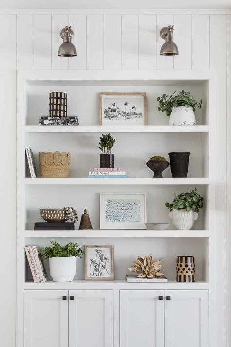 Mindy Gayer Design, Dark Wood Dining Table, Eva Hesse, Shelf Decor Living Room, Open Concept Home, Bookcase Styling, Cottage Living Rooms, Custom Sectional, Woven Wood