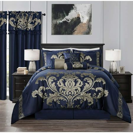 Oversized King Comforter, Blue And Gold Bedroom, Gold Bedroom Decor, Floral Comforter Sets, Blue Comforter Sets, Blue Comforter, Comforter Bedding, Floral Comforter, Traditional Style Decor