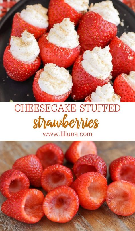 Cheesecake Strawberries Stuffed, Strawberry Filled Cheesecake, Fruit Deserts Ideas, Stuffed Strawberries With Cream Cheese, Cheesecake Deviled Strawberries, Dessert For A Group, Birthday Food Ideas For Adults, Deviled Strawberries Recipe, Cream Cheese Stuffed Strawberries