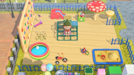 Acnh Playground Design Codes, Acnh Playground Design Ideas, Animal Crossing Playground Ideas, Acnh Playground Idea, Animal Crossing Playground, Acnh Playground, Acnh Park, Achn Ideas, Animal Crossing Cafe