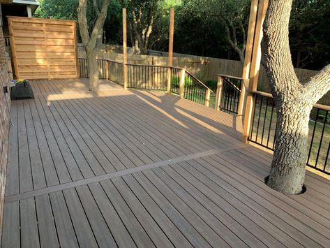 Azek Vintage decking with CAMO hidden fasteners. The tall posts are for future cafe lights on strings. Decking Options, English Walnut, Cafe Lights, Back Deck, Composite Decking, Backyard Design, Outdoor Projects, Backyard Landscaping, Camo