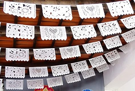 White Papel Picado, Mexican Wedding Decorations, Papel Picado Wedding, Mexican Fiesta Decorations, Picado Banner, Mexican Theme Party Decorations, Paper Flags, Mexican Bridal Showers, Fiesta Party Supplies