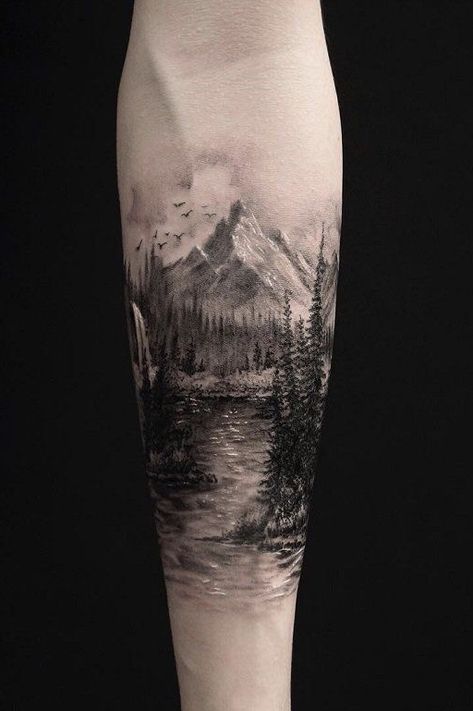 Landscape Tattoo Ideas, Mountain Scene Tattoo, Natur Tattoo Arm, Scene Tattoo, Nature Tattoo Sleeve, Marvel Tattoos, Forest Tattoos, Muster Tattoos, Landscape Tattoo