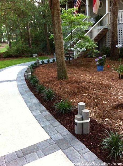 Concrete Walkway Transformed With Beautiful Cobble-Stone Pavers put lights inside the wood things Cement Stone Walkway, Walk Ways To Front Door Pathways, Concrete Pathway Ideas, Entry Walkway Ideas, Concrete Walkways To Front Door, Concrete Walkway Ideas, Cobblestone Pavers, Garden Pavers, Concrete Path