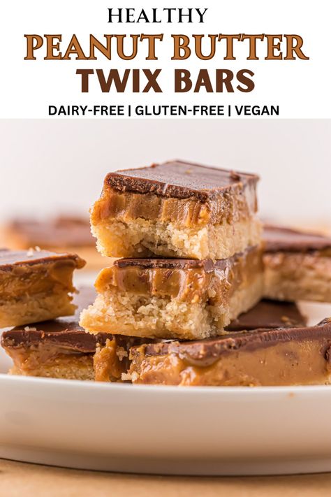 Healthy peanut butter Twix bars on a plate. Text on image for Pinterest shading. Almond Flour Twix Bars, Twix Cups, Peanut Butter Twix Bars, Dairy Free Dessert Recipes Easy, Gluten Free Twix, Peanut Butter Twix, Healthy Peanut Butter Cups, Twix Bars, Dairy Free Recipes Dessert