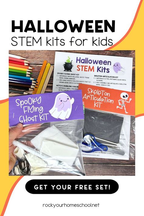 Examples of Halloween STEM kits like spooky flying ghost kit and skeleton articulation with list of ideas and supplies. Halloween Stem Challenges Elementary, Steam Halloween Activities For Kids, Halloween Girl Scout Activities, Halloween Stem Activities For Preschool, Halloween Stem Activities For Kids, Halloween Geometry, Diy Halloween Favors, Stem Printables, Steam Activities Elementary