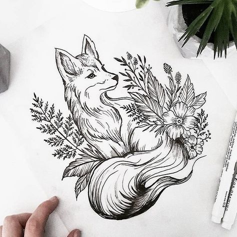 Fox Tattoo Stencil, Fox Drawing Tattoo, Fox And Flowers Tattoo, Fox Tattoo Design, Tier Tattoo, Tattoos Geometric, Fox Tattoo, Fox Art, Nature Tattoos