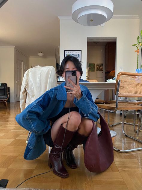 Girl posing for picture in mirror wearing denim jacket and red knee high boots Oxblood Boots Outfit, Sangeti Boot Outfit, Vince Camuto Sangeti Boot, Vince Camuto Boots Outfit, Mahogany Boots Outfit, Maroon Boots Outfit, Eden Masliah, Burgundy Boots Outfit, Maroon Boots