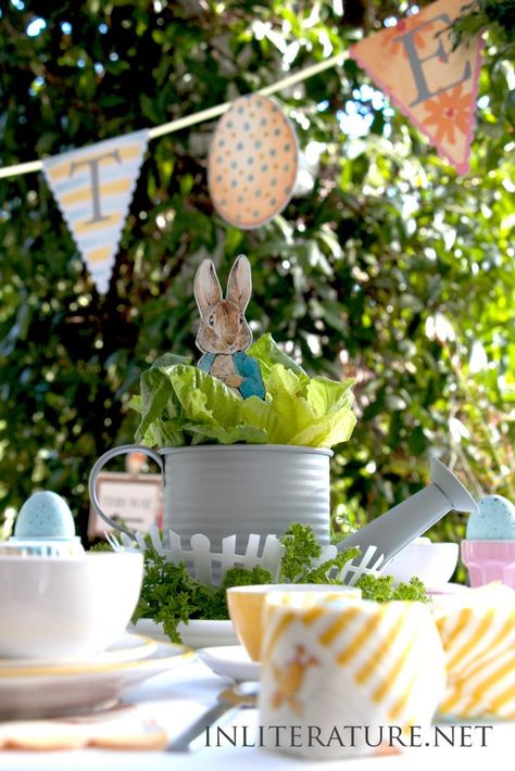 Easy Peter Rabbit Brunch Table Setting Ideas | InLiterature Brunch Table Setting Ideas, Brunch Table Setting, Liquid Luck, Cauldron Cake, Speakeasy Party, Felix Felicis, Peter Rabbit Birthday, Peter Rabbit Party, Candy Egg