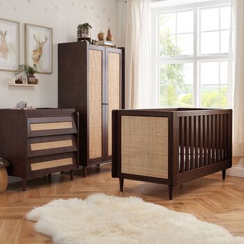 Japandi Nursery, Stages Of Baby Development, Japandi Furniture, Nursery Storage Baskets, Sophisticated Nursery, Wardrobe Dimensions, Mattress Base, Junior Bed, Cot Bed