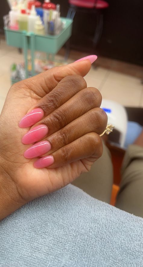 Slim Oval Nails, Oval Nails Solid Color, Round Long Nails, Jelly Pink Nails, Long Round Nails, Pink Oval Nails, One Color Nails, Short Acrylic, Nail Idea