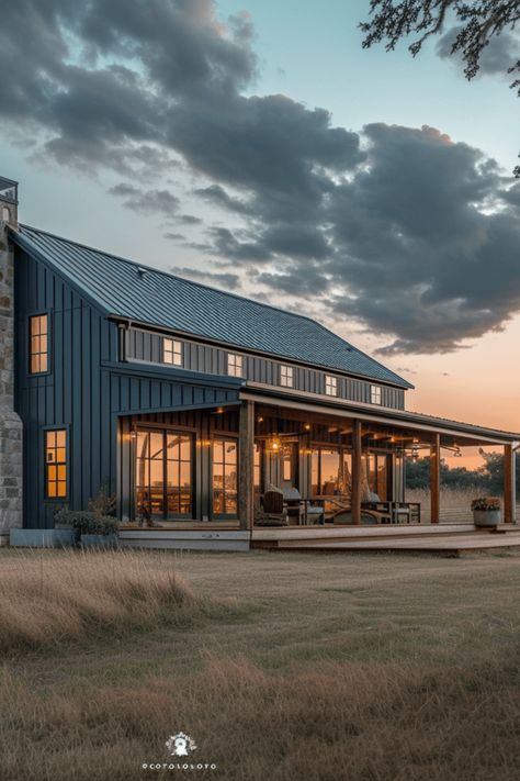 All the ideas and inspiration you need for your own barndominium at livingletterhome.com! Click to see more. Exterior Barndominium Ideas Farmhouse, Multi Level Barndominium, Outside Of Houses Ideas, Barndo With Big Windows, Slate Blue Barndominium Exterior, Barndominium House Exterior, Barndominium Lots Of Windows, Waterfront Barndominium, Masculine Barndominium