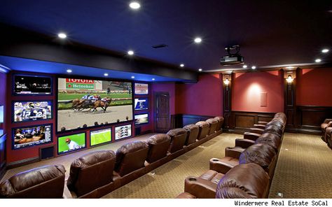 This reminds me of a Las Vegas sports gaming room. Man Cave Basement Diy, Sports Man Cave, Basement Guest Rooms, Home Decor Men, Small Guest Bedroom, Basement Layout, Ultimate Man Cave, Man Cave Room, Man Cave Basement