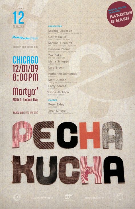 Pecha Kucha poster. Chicago, IL. Volume 12. Pecha Kucha, Design Posters, Chicago Il, Michael Jackson, The North Face Logo, Mocha, Retail Logos, Poster Design, Chicago