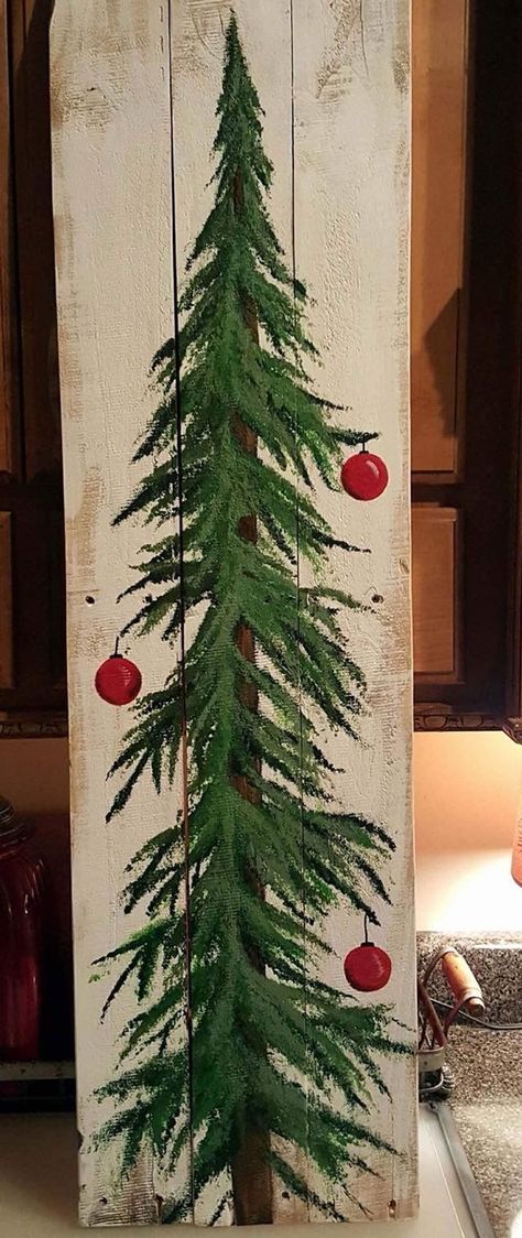 Christmas Tree Wooden Signs, Painted Christmas Tree Ideas, How To Paint A Christmas Tree On Wood, Painted Christmas Trees On Wood, Christmas Tree Painted On Wood, Christmas Tree Paintings, Vertical Paintings, Santa Pics, Half Christmas Tree