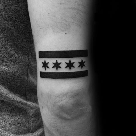 Small Chicago Tattoo Ideas, Chicago Stars Tattoo, Chicago Sleeve Tattoo, Chicago Tattoo Ideas Men, Chicago Tattoo Ideas, Chicago Skyline Tattoo Design, Chicago Flag Tattoo, Blue Ink Tattoos, Tricep Tattoos