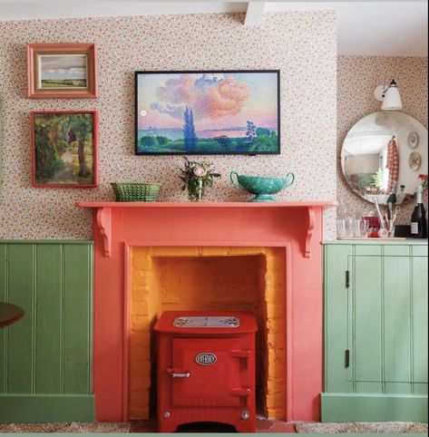 Terracotta Fireplace Surround, Colorful Fireplace Painted, Colourful Fireplace, Painted Fire Surround, Color Fireplace, Pink Fireplace, Front Living Room Ideas, Watercolor Interior, Cool Mansions