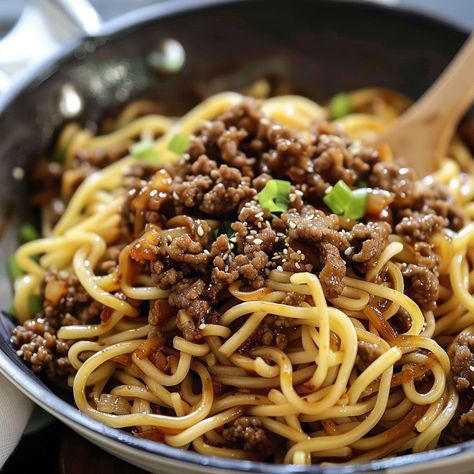 How to Make Mongolian Ground Beef Noodles Ground Meat Noodle Recipes, Mongolian Beef Noodles, Chicken Cacciatore Easy, Mongolian Ground Beef Noodles, Ground Beef Noodles, Mongolian Ground Beef, Ground Beef Pasta Recipes, Beef Pasta Recipes, Mongolian Beef Recipes