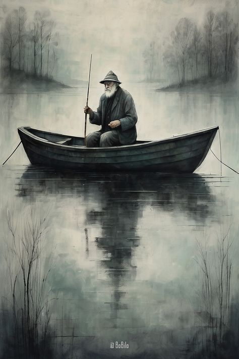 Old man fishing Fisherman Drawing, Old Man Fishing, Perspective Landscape, Men's Rowing, Atmospheric Perspective, Man Fishing, Landscape Reference, Old Fisherman, Water Illustration