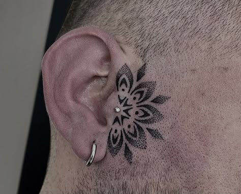 Men’s Ear Tattoo, Ornamental Face Tattoo, Side Burn Tattoos For Women, Mandala Ear Tattoo, Ear Tattoo Men, Sideburn Tattoo Women, Tragus Tattoo, Mens Face Tattoos, Tato Mandala