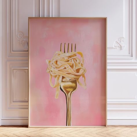 - New With Tags - Unframed - Measurements Are In Inches Kitchen Painting Art, Pink Pasta, Anthropologie Art, Kitchen Italian, Gold Fork, Fork Art, Pasta Art, Trendy Food, Maximalist Wall Art