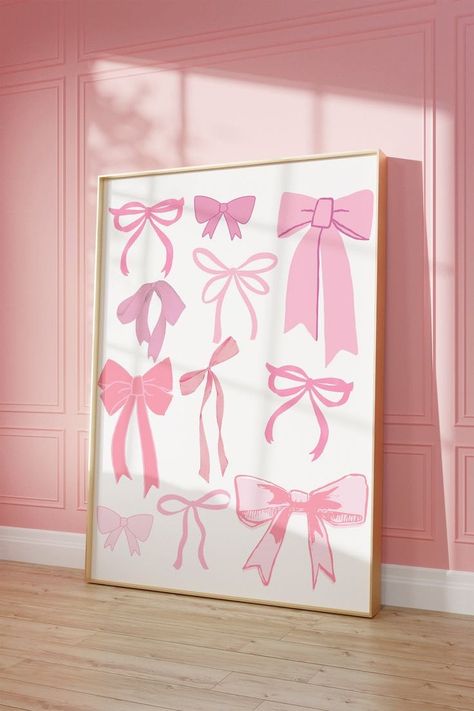 coquette room decor set of 5 digital prints Pink Preppy Wall Art, Wall Decor For Pink Walls, Room Frames Aesthetic, Wall Decor For College Apartment, Coquette Wall Art Prints, Bow Art Print, Room Frame Decor Wall Art, Bow Picture Frame, Pink Bow Decorations